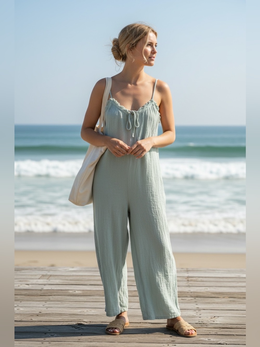 Hippie Dippie Light Blue Crinkle Gauze Wide-Leg Jumpsuit – Boho Festival Style L